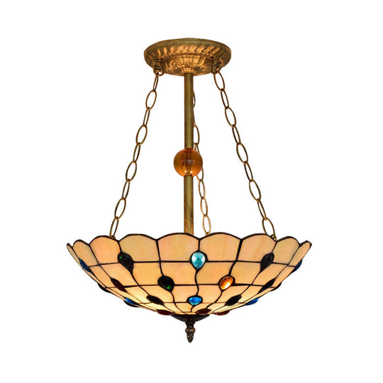 Stained Glass Semi Flush Ceiling Light Fixture With Retro Jewel Pattern - Beige/Clear/Yellow Tones