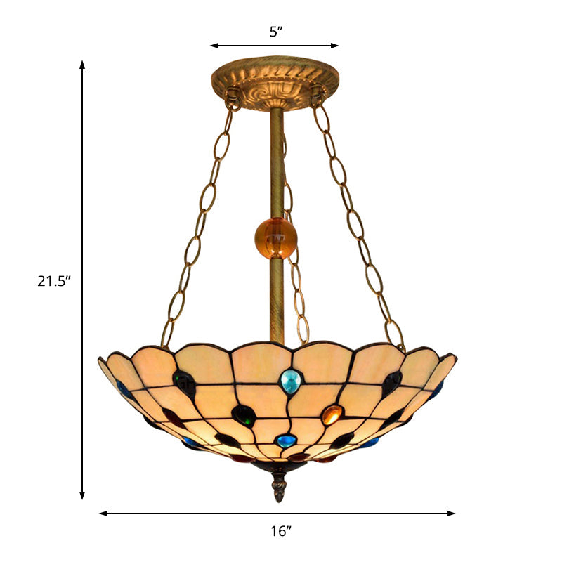 Stained Glass Semi Flush Ceiling Light Fixture with Retro Jewel Pattern - Beige/Clear/Yellow Tones