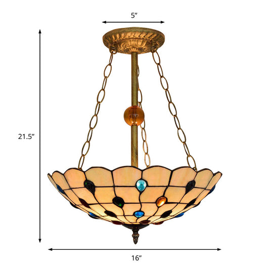 Stained Glass Semi Flush Ceiling Light Fixture with Retro Jewel Pattern - Beige/Clear/Yellow Tones