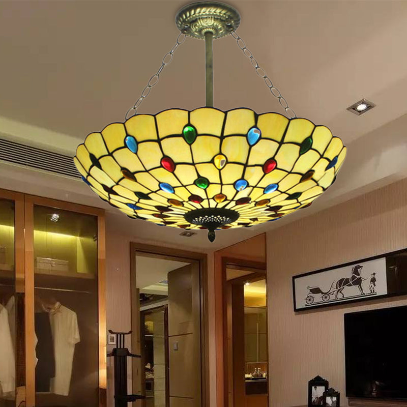 Stained Glass Semi Flush Ceiling Light Fixture with Retro Jewel Pattern - Beige/Clear/Yellow Tones