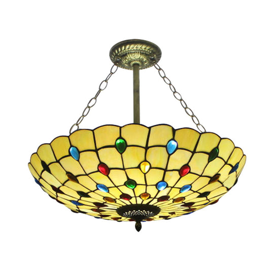 Stained Glass Semi Flush Ceiling Light Fixture with Retro Jewel Pattern - Beige/Clear/Yellow Tones