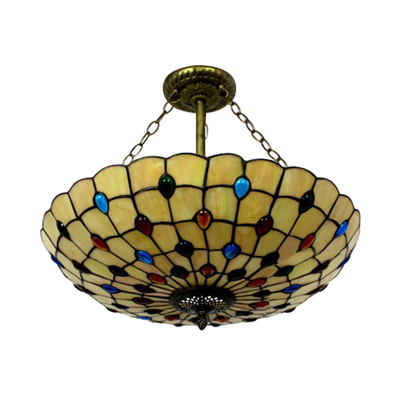 Stained Glass Semi Flush Ceiling Light Fixture with Retro Jewel Pattern - Beige/Clear/Yellow Tones