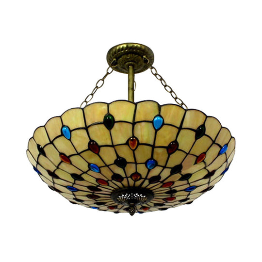 Stained Glass Semi Flush Ceiling Light Fixture with Retro Jewel Pattern - Beige/Clear/Yellow Tones