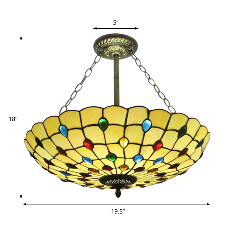 Stained Glass Semi Flush Ceiling Light Fixture with Retro Jewel Pattern - Beige/Clear/Yellow Tones