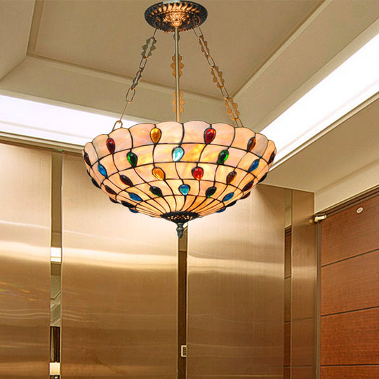 Stained Glass Semi Flush Ceiling Light Fixture with Retro Jewel Pattern - Beige/Clear/Yellow Tones