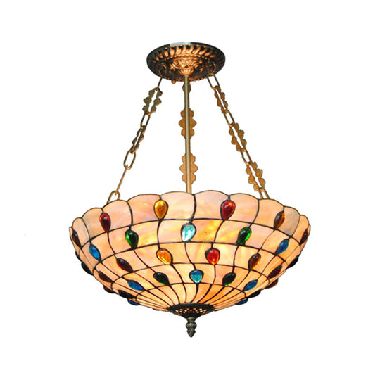 Stained Glass Semi Flush Ceiling Light Fixture with Retro Jewel Pattern - Beige/Clear/Yellow Tones