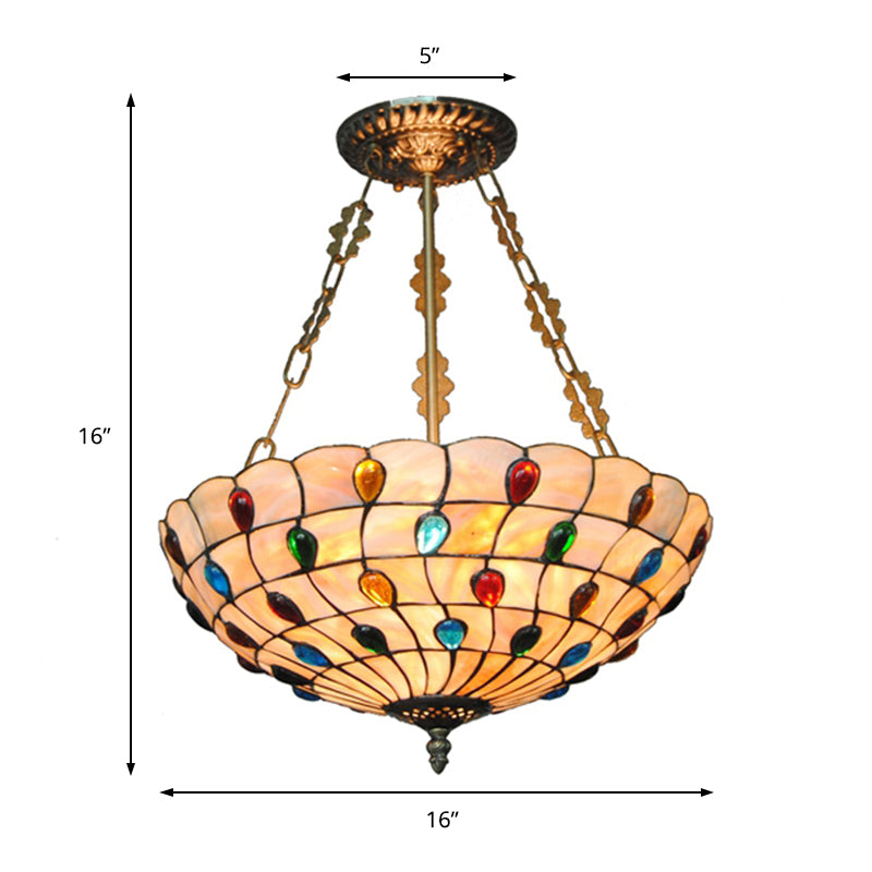 Stained Glass Semi Flush Ceiling Light Fixture with Retro Jewel Pattern - Beige/Clear/Yellow Tones