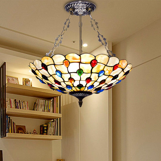 Stained Glass Semi Flush Ceiling Light Fixture with Retro Jewel Pattern - Beige/Clear/Yellow Tones