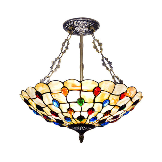 Stained Glass Semi Flush Ceiling Light Fixture with Retro Jewel Pattern - Beige/Clear/Yellow Tones