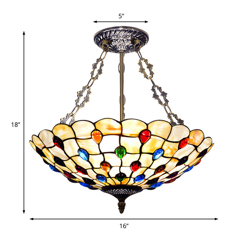 Stained Glass Semi Flush Ceiling Light Fixture with Retro Jewel Pattern - Beige/Clear/Yellow Tones