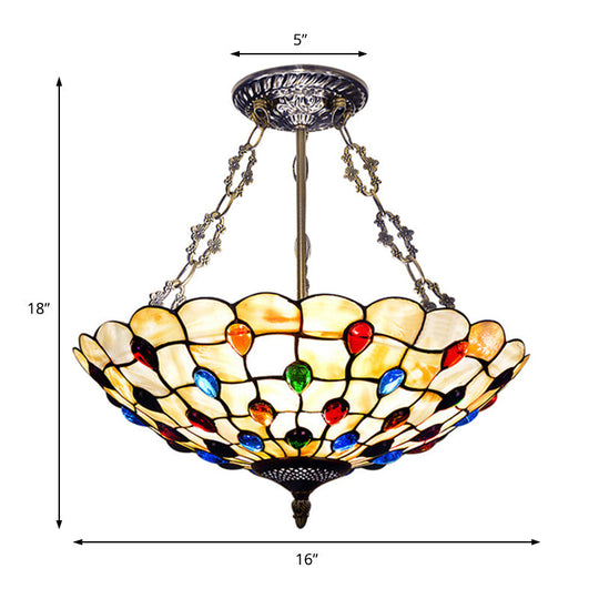 Stained Glass Semi Flush Ceiling Light Fixture with Retro Jewel Pattern - Beige/Clear/Yellow Tones