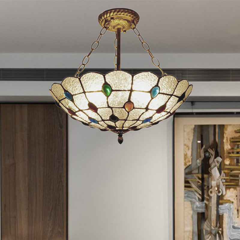 Stained Glass Semi Flush Ceiling Light Fixture with Retro Jewel Pattern - Beige/Clear/Yellow Tones