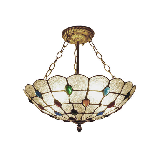 Stained Glass Semi Flush Ceiling Light Fixture with Retro Jewel Pattern - Beige/Clear/Yellow Tones