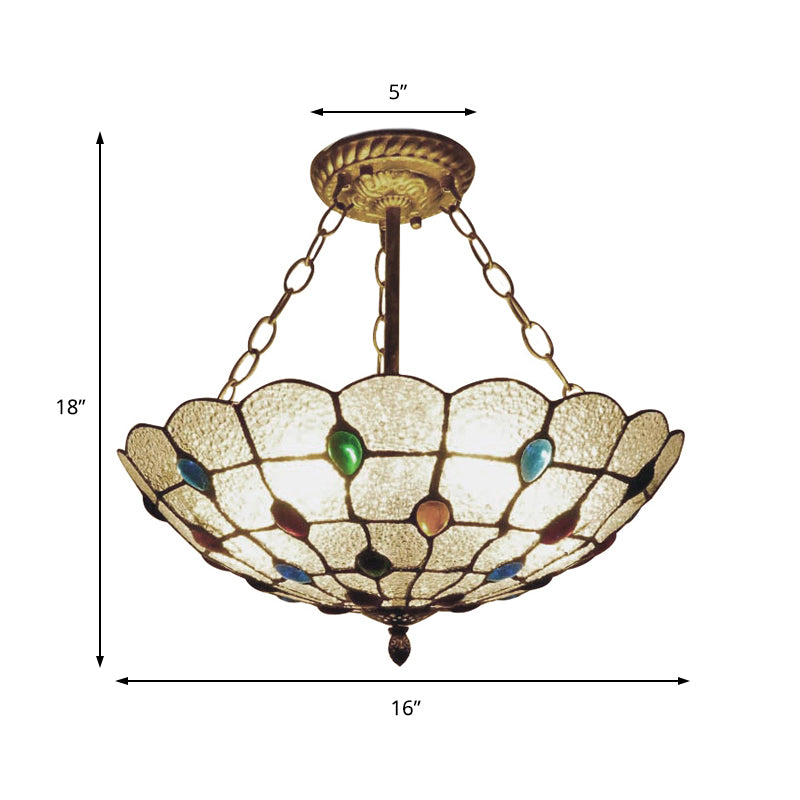 Stained Glass Semi Flush Ceiling Light Fixture with Retro Jewel Pattern - Beige/Clear/Yellow Tones