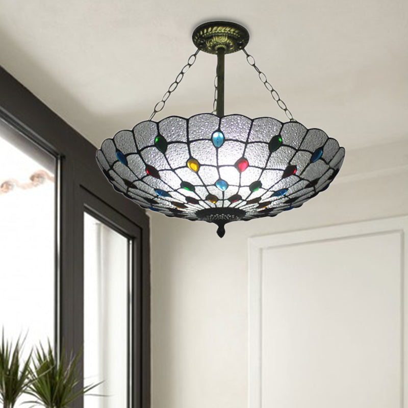 Stained Glass Semi Flush Ceiling Light Fixture with Retro Jewel Pattern - Beige/Clear/Yellow Tones