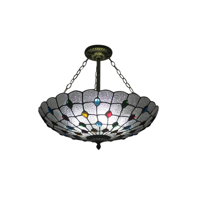 Stained Glass Semi Flush Ceiling Light Fixture with Retro Jewel Pattern - Beige/Clear/Yellow Tones