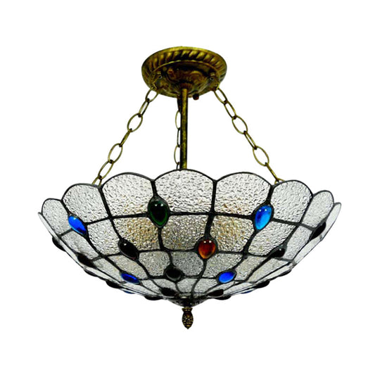 Stained Glass Semi Flush Ceiling Light Fixture with Retro Jewel Pattern - Beige/Clear/Yellow Tones