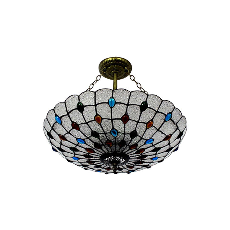 Stained Glass Semi Flush Ceiling Light Fixture with Retro Jewel Pattern - Beige/Clear/Yellow Tones