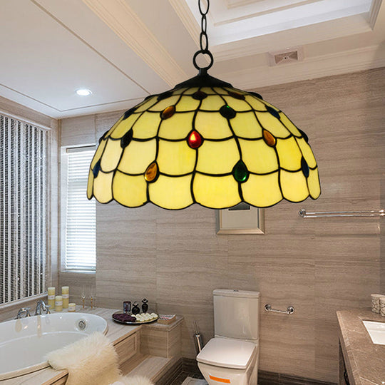 Tiffany-Style Stained Glass Pendant Lamp – Elegant 1-Head White Fixture with Jewel for Bathrooms