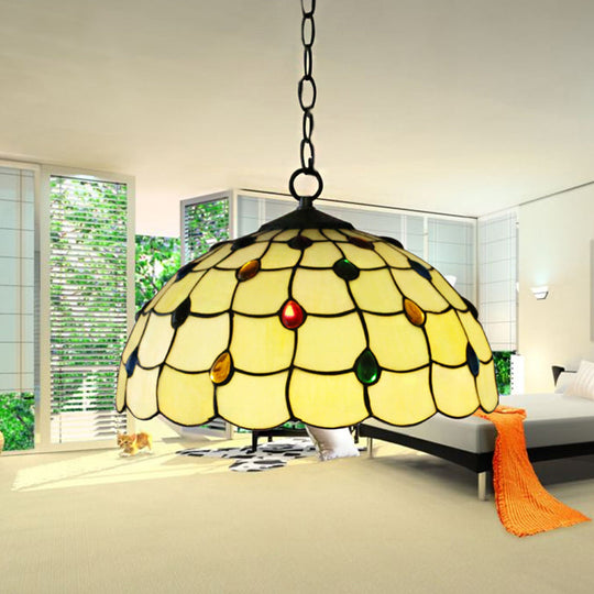 Tiffany-Style Stained Glass Pendant Lamp – Elegant 1-Head White Fixture with Jewel for Bathrooms