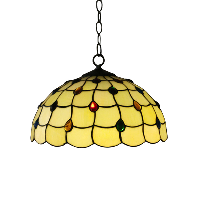 Tiffany-Style Stained Glass Pendant Lamp – Elegant 1-Head White Fixture with Jewel for Bathrooms