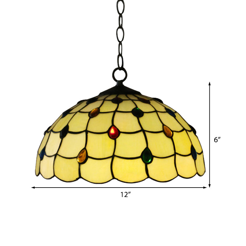 Tiffany-Style Stained Glass Pendant Lamp – Elegant 1-Head White Fixture with Jewel for Bathrooms