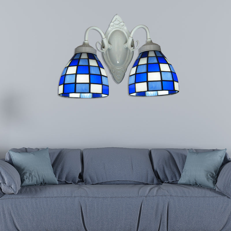 Blue Glass Mosaic Dome Wall Lighting - 2 Lights Bathroom Mounted Lamp In White Finish