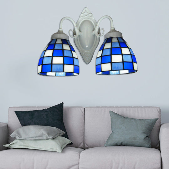 Blue Glass Mosaic Dome Wall Lighting - 2 Lights Bathroom Mounted Lamp In White Finish