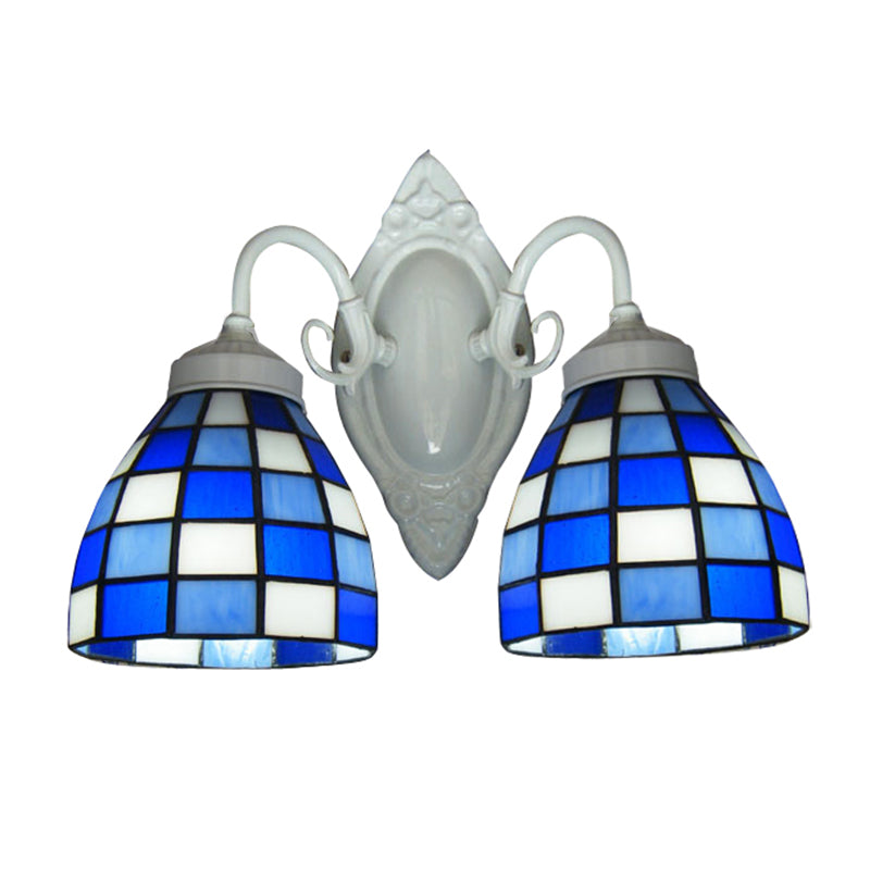 Blue Glass Mosaic Dome Wall Lighting - 2 Lights Bathroom Mounted Lamp In White Finish