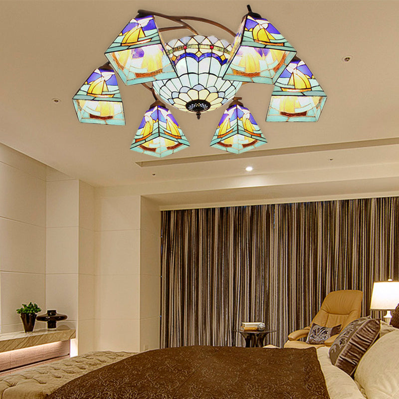 Colorful Lodge Geometric Chandelier Light: Stained Glass Inverted Yellow and Blue Pendant for Living Room