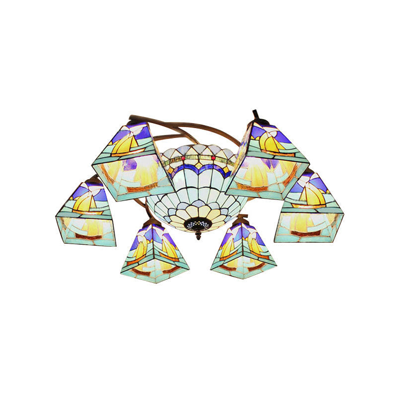 Colorful Lodge Geometric Chandelier Light: Stained Glass Inverted Yellow and Blue Pendant for Living Room