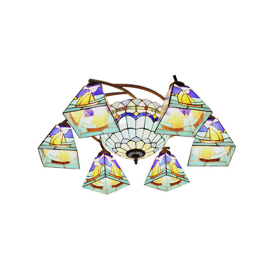 Colorful Stained Glass Geometric Chandelier In Yellow And Blue For Living Room