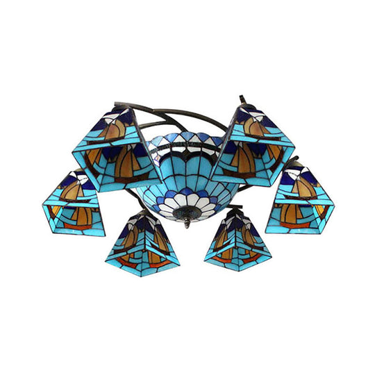 Colorful Lodge Geometric Chandelier Light: Stained Glass Inverted Yellow and Blue Pendant for Living Room