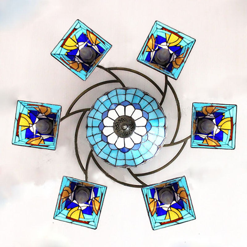 Colorful Lodge Geometric Chandelier Light: Stained Glass Inverted Yellow and Blue Pendant for Living Room