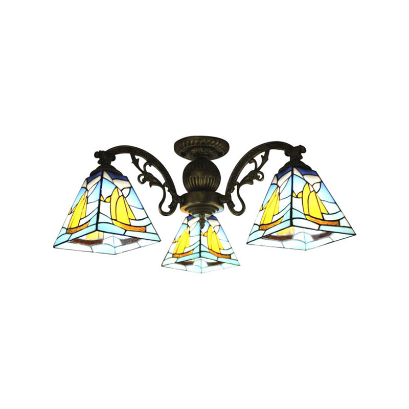 Colorful Lodge Geometric Chandelier Light: Stained Glass Inverted Yellow and Blue Pendant for Living Room