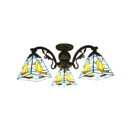 Colorful Lodge Geometric Chandelier Light: Stained Glass Inverted Yellow and Blue Pendant for Living Room