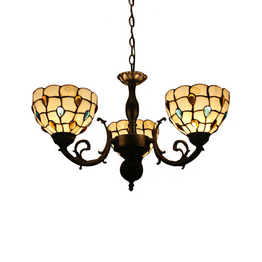 Tiffany Stained Glass Bowl Hanging Light Chandelier With Jewel Patterns - 3 Lights Ideal For