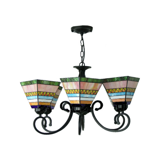 6-Light Tiffany Stained Glass Chandelier: Pink Pyramid Pendant With Chain For Bedroom