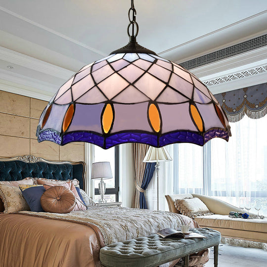 Handcrafted Tiffany-Style Pendant Light With Stained Glass In Purplish Blue