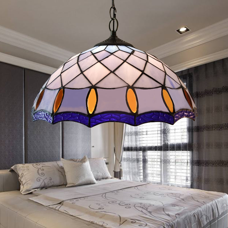 Handcrafted Tiffany-Style Pendant Light With Stained Glass In Purplish Blue