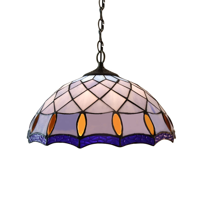 Handcrafted Tiffany-Style Pendant Light With Stained Glass In Purplish Blue