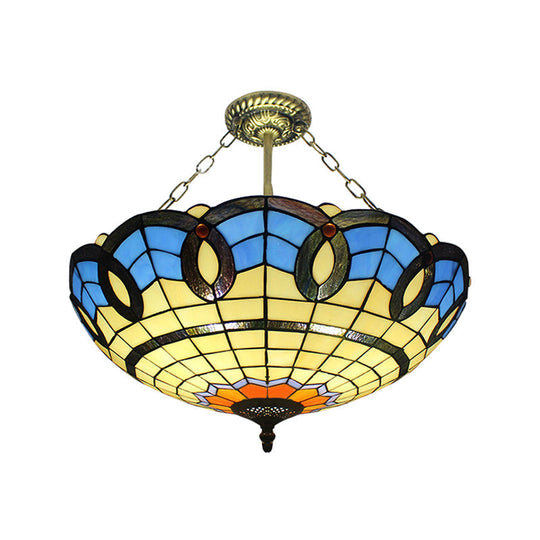 Tiffany Stained Glass Semi Flush Mount Ceiling Light in Antique Bronze - 3 Lights