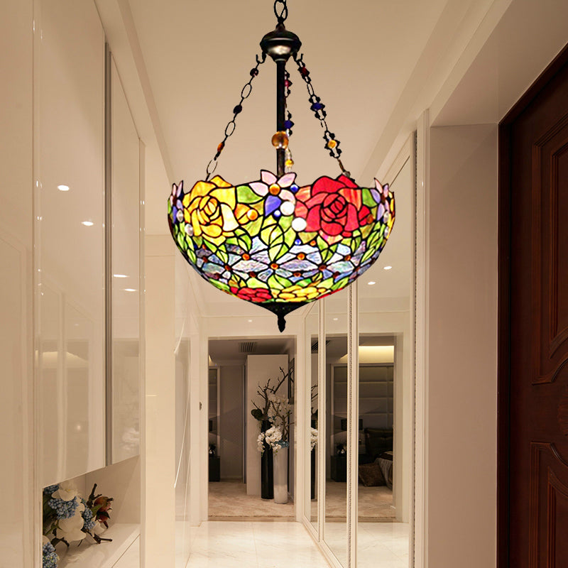 Tiffany Style Floral Suspension Lamp - Stylish Stainless Glass Pendant Light With 2 Red And Yellow