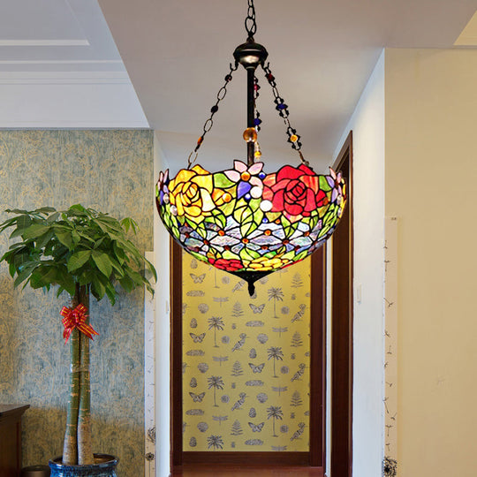 Tiffany Style Floral Suspension Lamp: Stainless Glass Pendant Light with Red and Yellow Bowl Shade