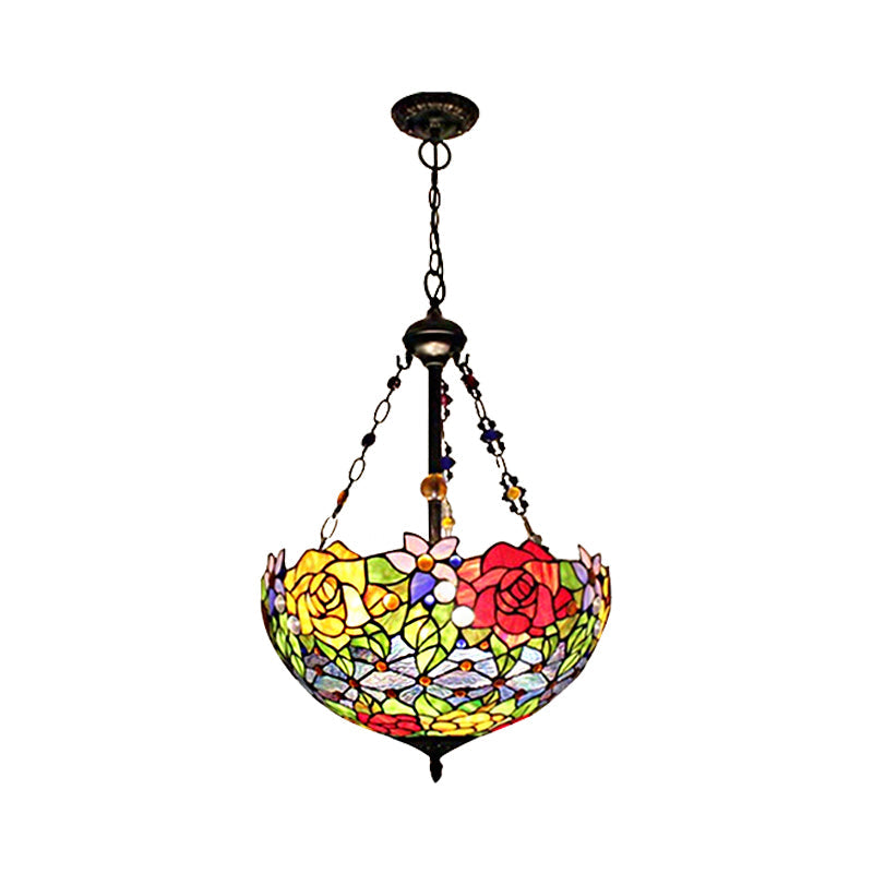 Tiffany Style Floral Suspension Lamp: Stainless Glass Pendant Light with Red and Yellow Bowl Shade