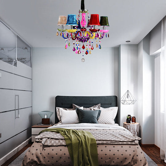 Kids 6-Light Glass Chandelier: Multi-Colored With Crystal Beads - Ideal For Kindergarten