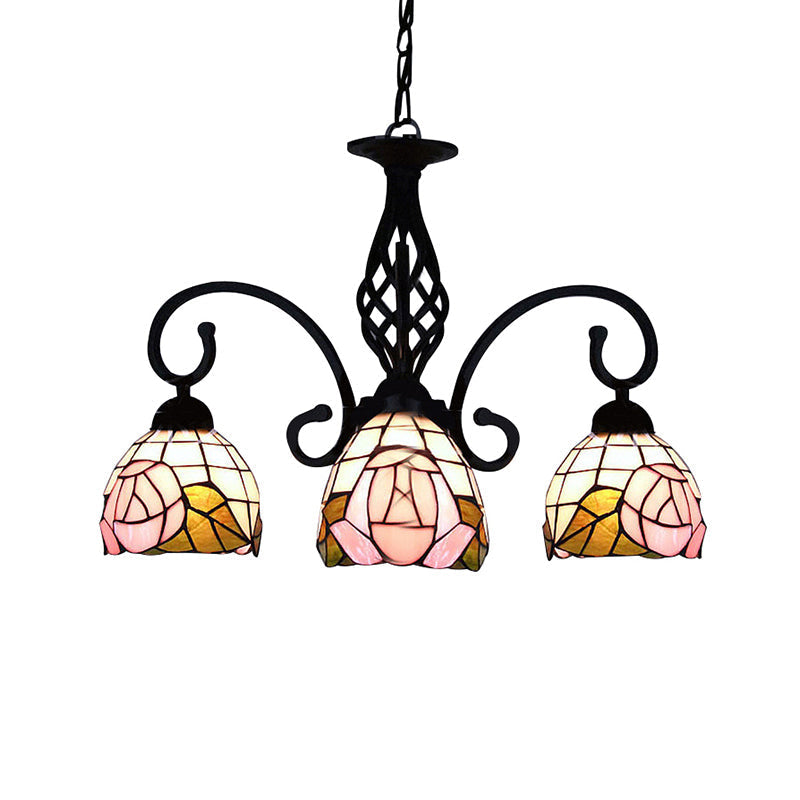 Stained Glass Floral Domed Chandelier - Retro Style 3 Lights Pink