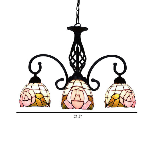 Stained Glass Floral Domed Chandelier - Retro Style 3 Lights Pink