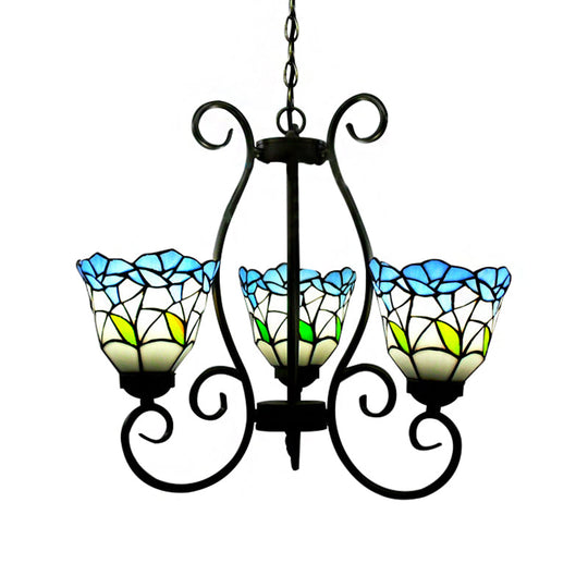 Rustic Blue Stained Glass Chandelier with Flared Pendant Lighting – Perfect for Living Room