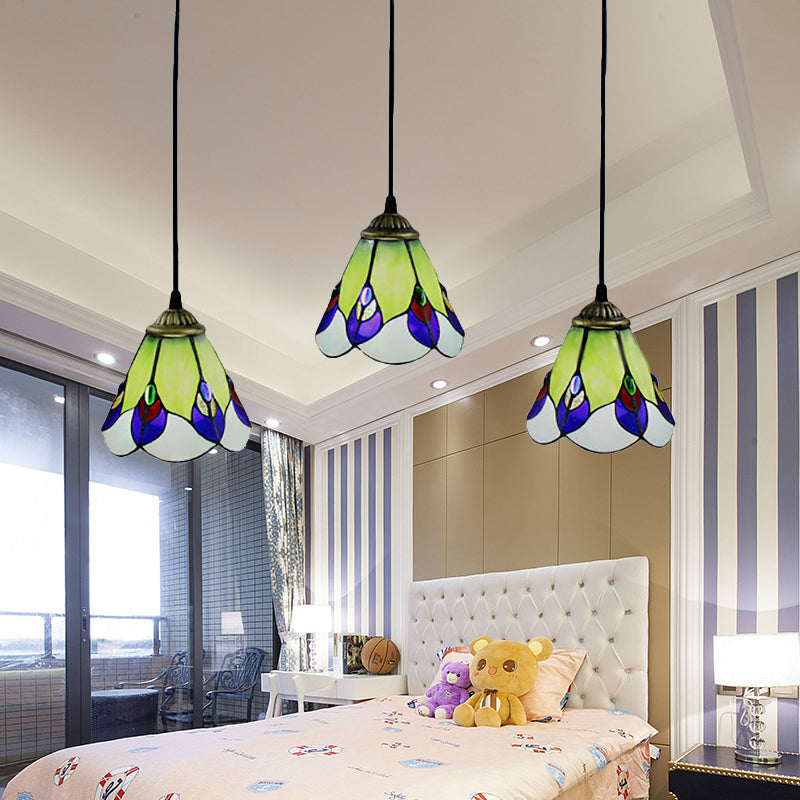 Handcrafted Tiffany-Style Green Glass Pendant Lamp for Bedroom - 3 Head Cone Cluster Suspension